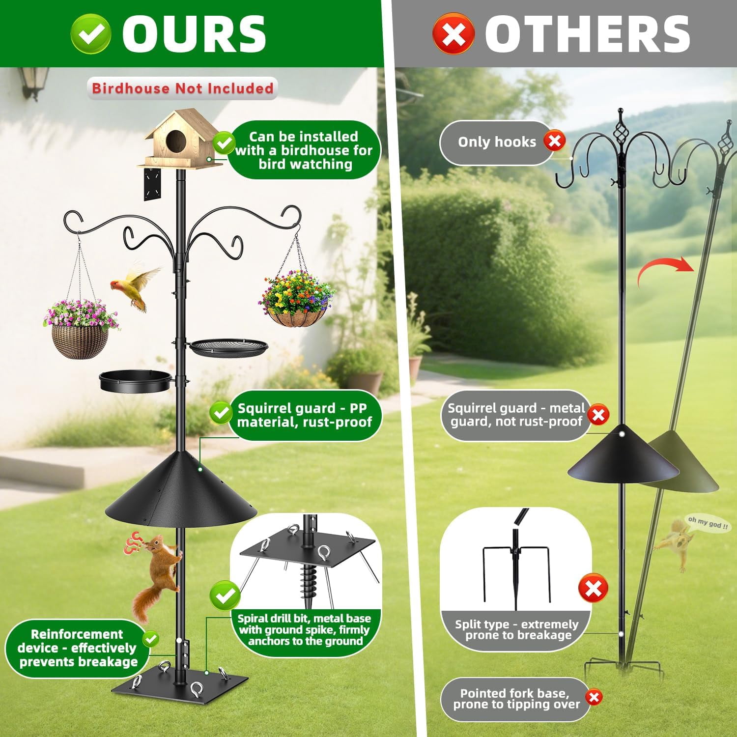 Upgraded Heavy Duty Bird Feeder Pole, 92 Inch Squirrel Proof Adjustable Bird Feeding Station,1 Inch Dia Bird House Pole, 4 Shepherd Hooks for Feeder Stand, Includes Water Bowl & Mesh Tray