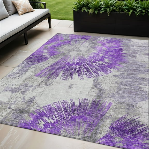 HomeRoots 586355 5 x 8 ft. Abstract Washable Indoor & Outdoor Rectangle Area Rug, Purple, Gray & Charcoal