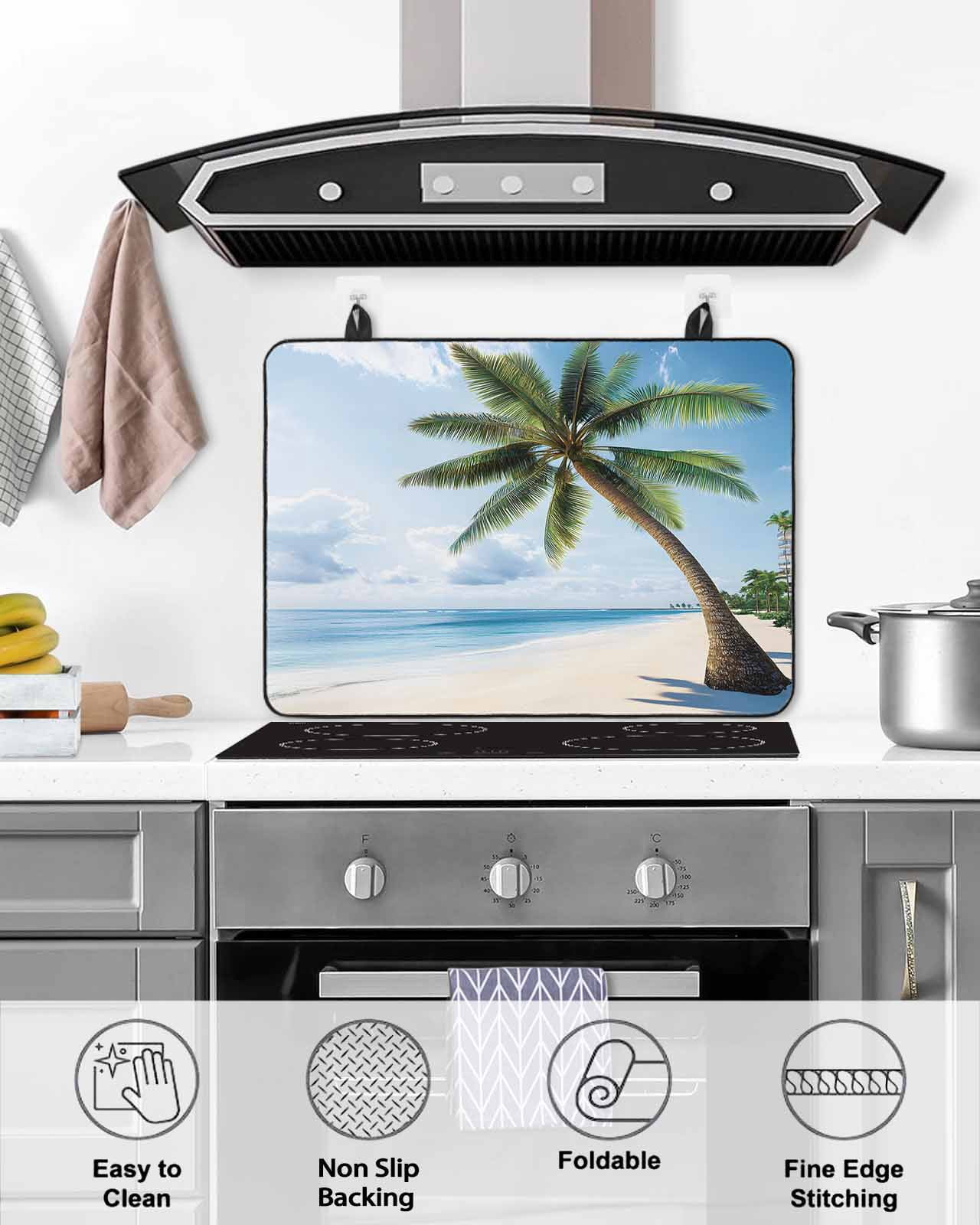 nqOlkjepod Large Induction Cooktop Protector Mat 24"x21", Beach Palm Tree Stove Top Covers for Electric Stove, Ocean Coastal Sky Nature Scenery Stove Burner Cover Mats, Glass Top Stove Cover
