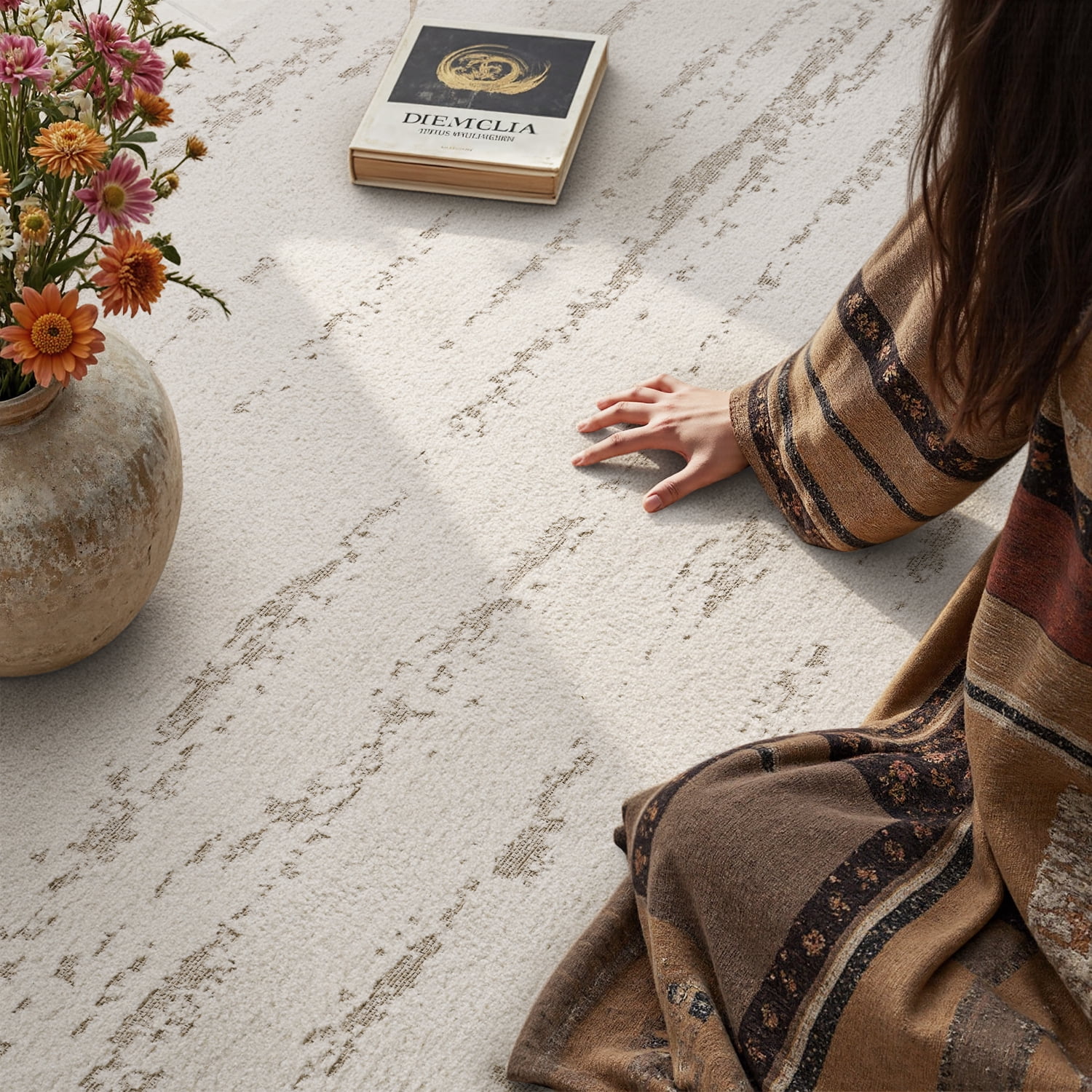 SIXHOME 8'x10' Area Rugs for Living Room Washable Rugs Chenille Jacquard Textured Modern Abstract Rugs for Bedroom Dining Room Office Indoor Non-Slip Soft Carpet Beige