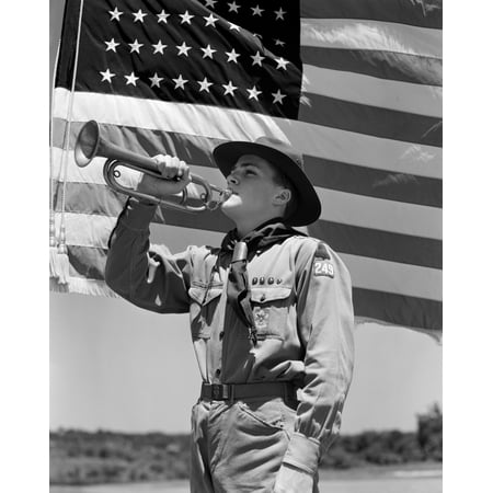 1940s Boy Scout Playing Bugle In Front Of 48 Star American Flag Poster Print By Vintage (Best Bugle For Playing Taps)