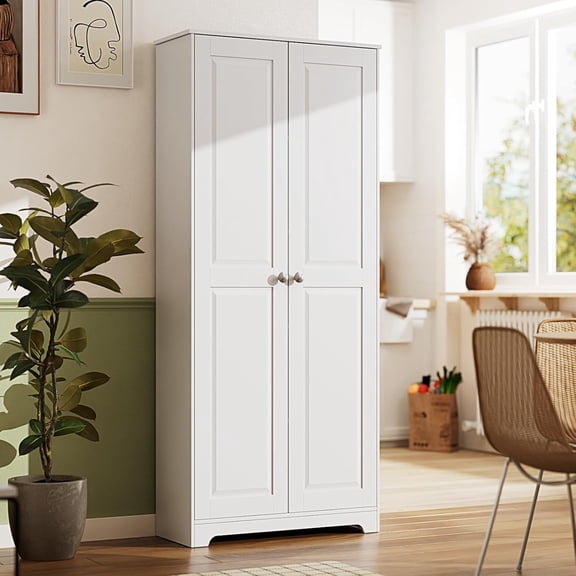 72" Tall Storage Cabinet, 12.4" Deep Pantry, White, 2 Doors, 5 Adjustable Shelves, Slim Freestanding Cupboard for Kitchen, Dining Room