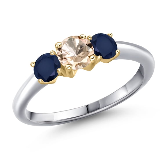 Gem Stone King 10K Two Tone Gold Peach Morganite and Blue Sapphire Engagement Ring for Women | 1.10 Cttw | Round 5MM | Gemstone October Birthstone | Size 7
