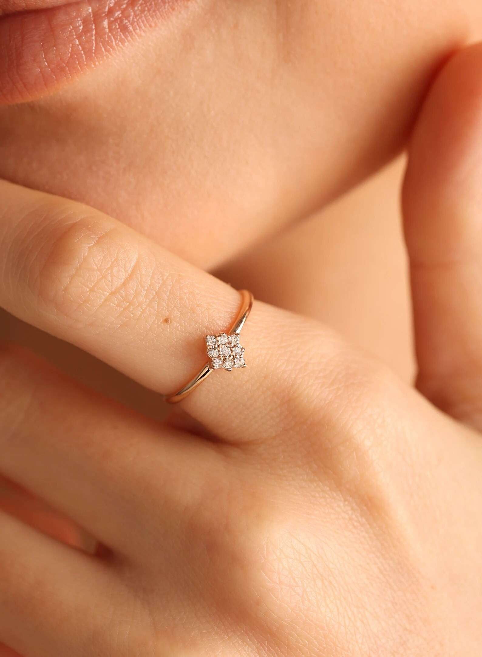 Jewelerix Delicate Cluster Diamond Ring in 10K Gold Vermeil Ring, Dainty Minimalist Engagement or Promise Jewelry Gift for Women, Elegant Everyday Design
