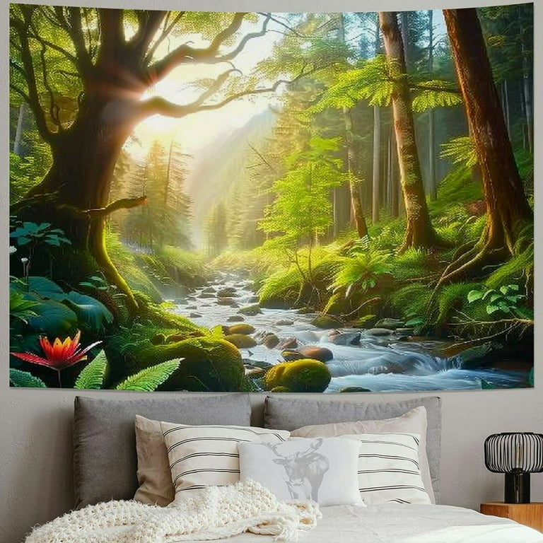 BCIIG Misty Mountain Forest Tapestry Nature Big Trees Tapestry Wall Hanging Stream Through Forest Scenery Tapestry Mysterious Plants Flower Landscape Wall Tapestry for Living Room Bedroom 40x30inch Wa...