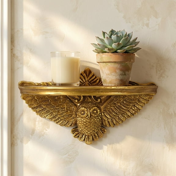 American Art Decor Vintage Ornate Resin Owl Bird Manor Decorative Accent Floating Wall Mounted Shelf - Antique Gold