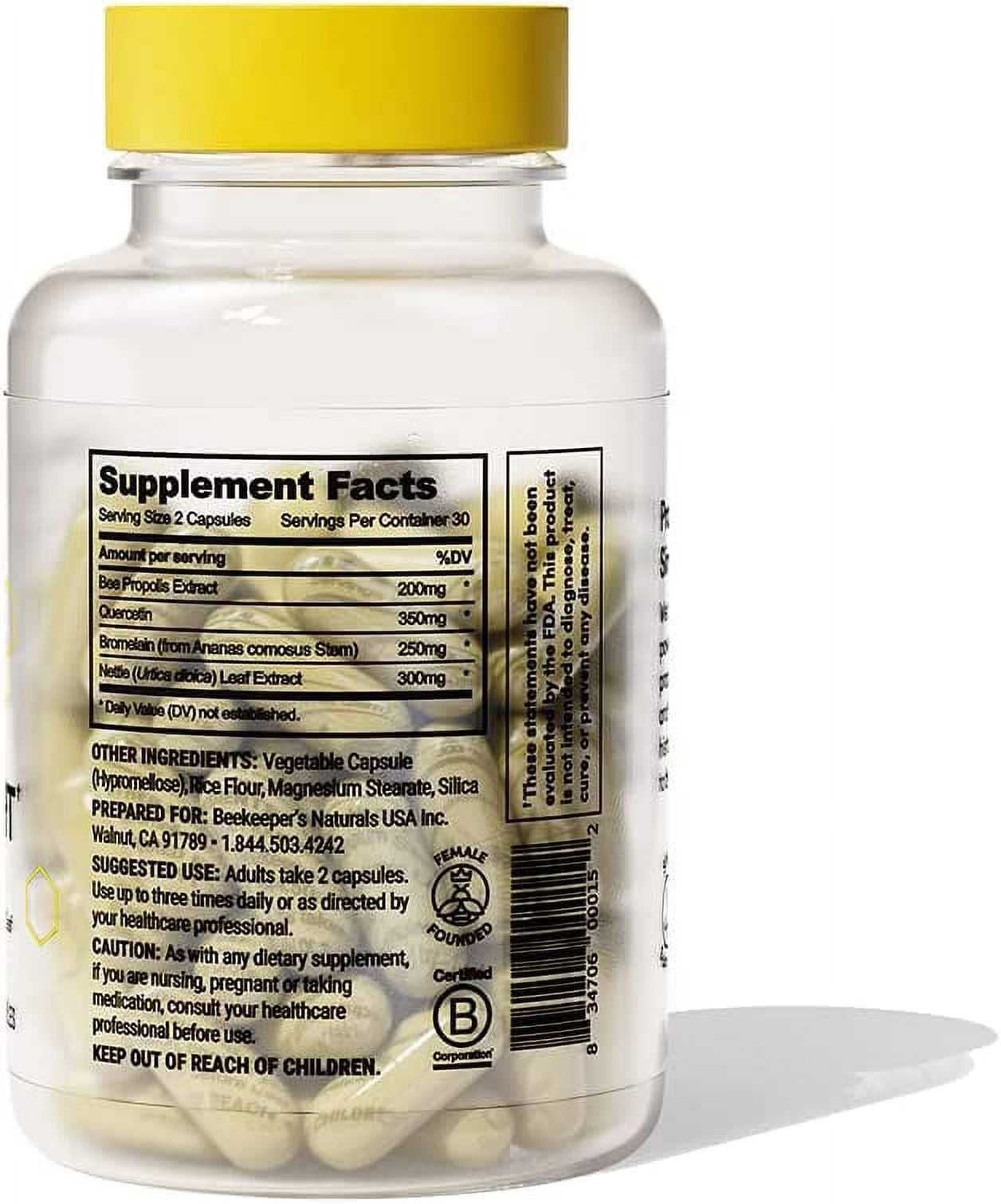 Beekeeper's Naturals All Natural Sinus Support for Adults, Seasonal Nasal Care Relief with Propolis, Quercetin, Bromelain, Nettle Leaf, & Vegan Capsule, Blocks or Suppresses Histamine, 60 ct