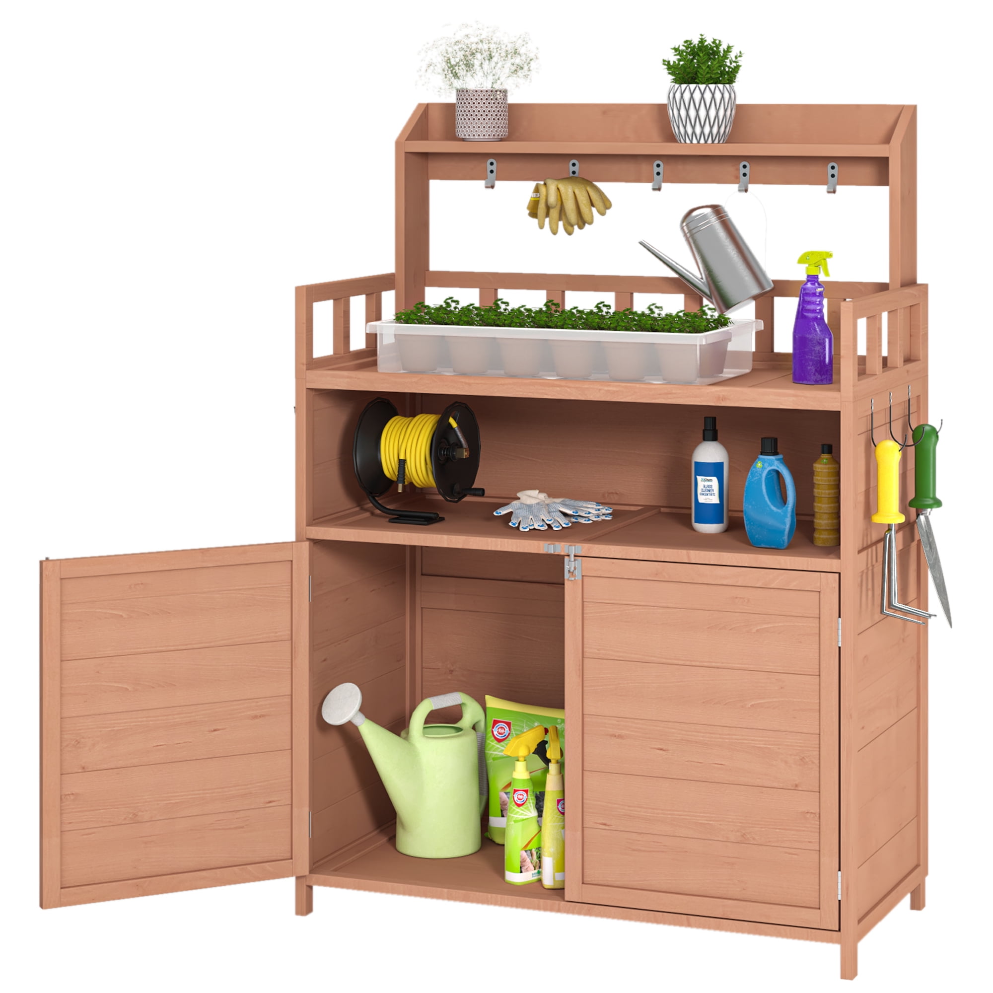 Leumius Potting Bench Outdoor Gardening Table for Outside Wood Garden Planting Workstation Work Benches with Large Storage Cabinet & Top Shelf for Patio Balcony
