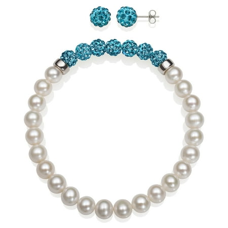 Turquoise Pearl Set 6-7mm Cultured Freshwater Pearl and 8mm Turquoise Crystal Bead Stretch Bracelet Stud Earring Set, 7.5
