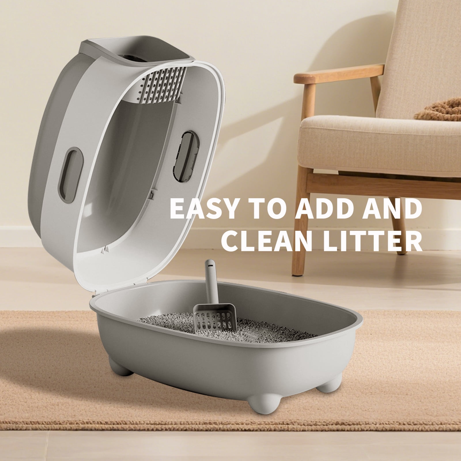 Open Top Transparent Cat Litter Box, Large Capacity Easy Access Kitty Litter Pan with Litter Scoop, Modern Stylish Ventilated Pet Toilet Durable Safe for Indoor Cats