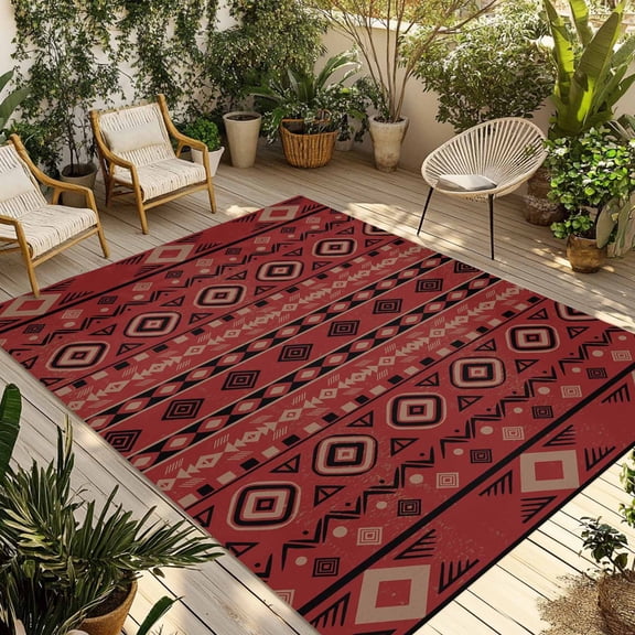 Red Boho Southwestern Outdoor Rug 3x5 Ft - Reversible Patio Rug Outdoor Camping Rugs, Farmhouse Aztec Tribe Ethnic Motifs Indoor Outdoor Area Rugs, Non-Slip Outdoor Carpet Runner for Deck/Porch