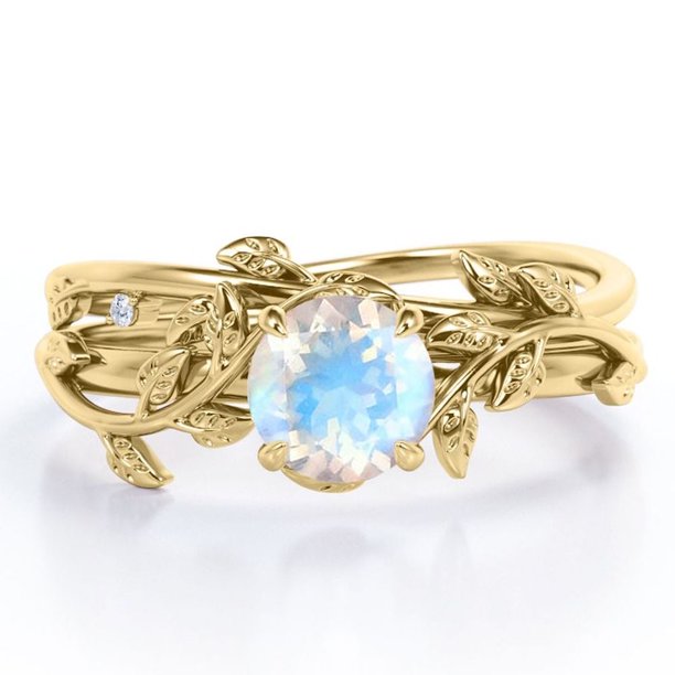 JeenMata Juego de Boda de Piedra Lunar Azul Facetada Redonda de 0,50 Quilates Anillo de Piedra Lunar Vintage Intrincado: Oro Amarillo de 18 K sobre Plata