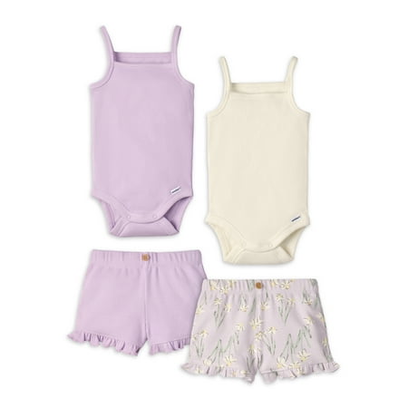 

Modern Moments by Gerber Baby Girl Ribbed Bodysuits and Shorts Outfit Sets 4-Piece 0/3 -24 Months