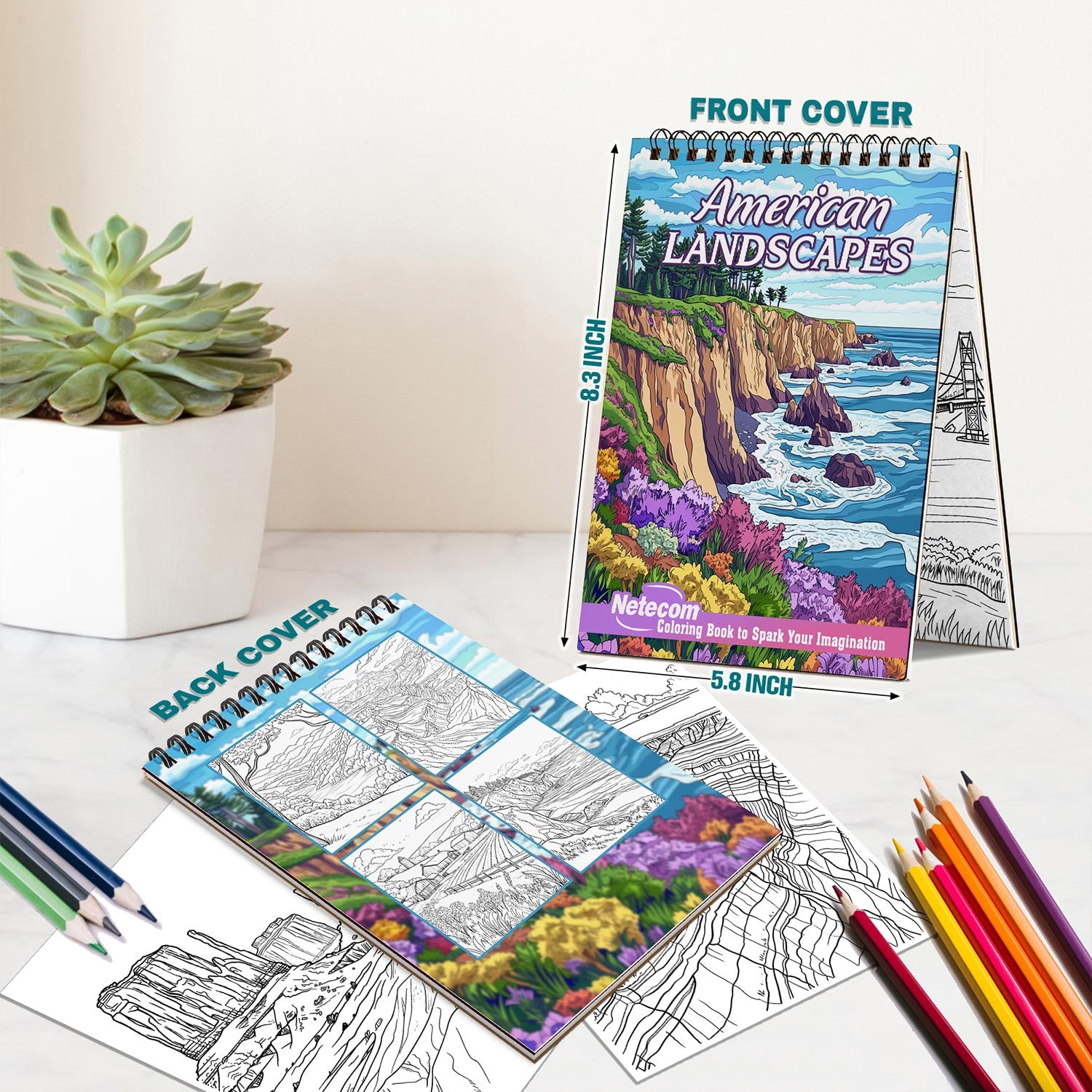 Netecom American Landscapes Coloring Book Spiral Bound for Adults, A5 Wooden Cover, 30 Tranquil Coloring Pages of Nature Scenes in America for Stress Relief and Relaxation
