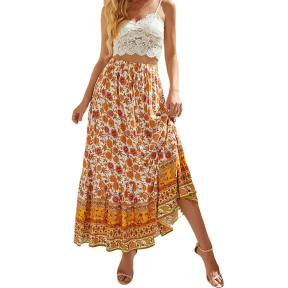 Cizayoi Womens Casual High Waist Tie Paisley Boho Print Long Maxi Skirt