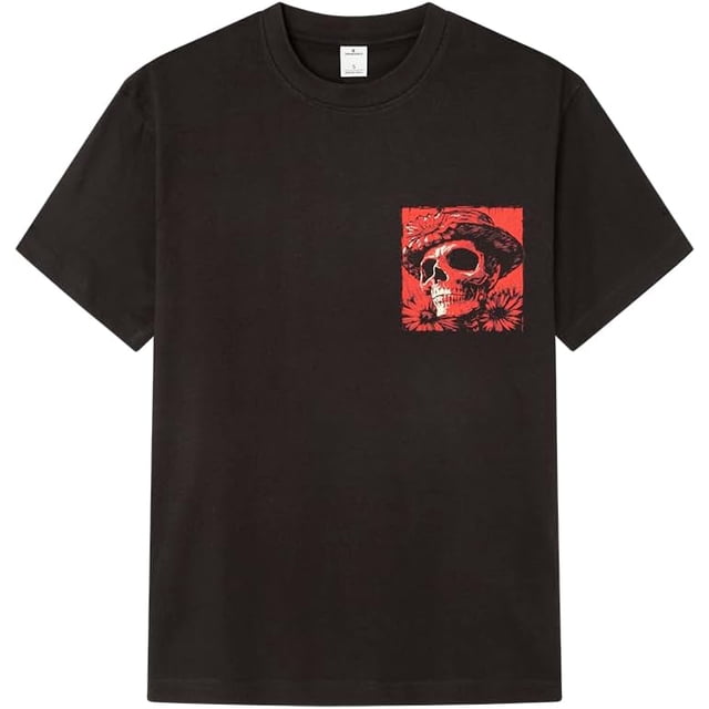 Camiseta con estampado floral de setas y calavera roja