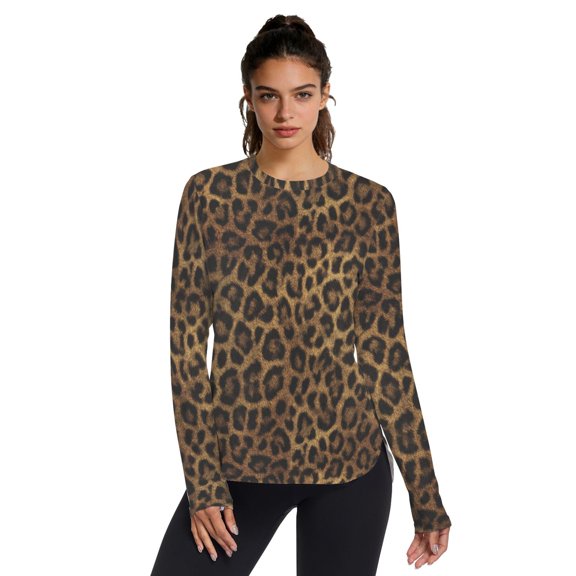 Beautiful Leopard Print Women UPF 50 UV Shirts Long Sleeve with Thumb Holes Workout Sun Shirt Quick Dry Athletic Hiking Tops