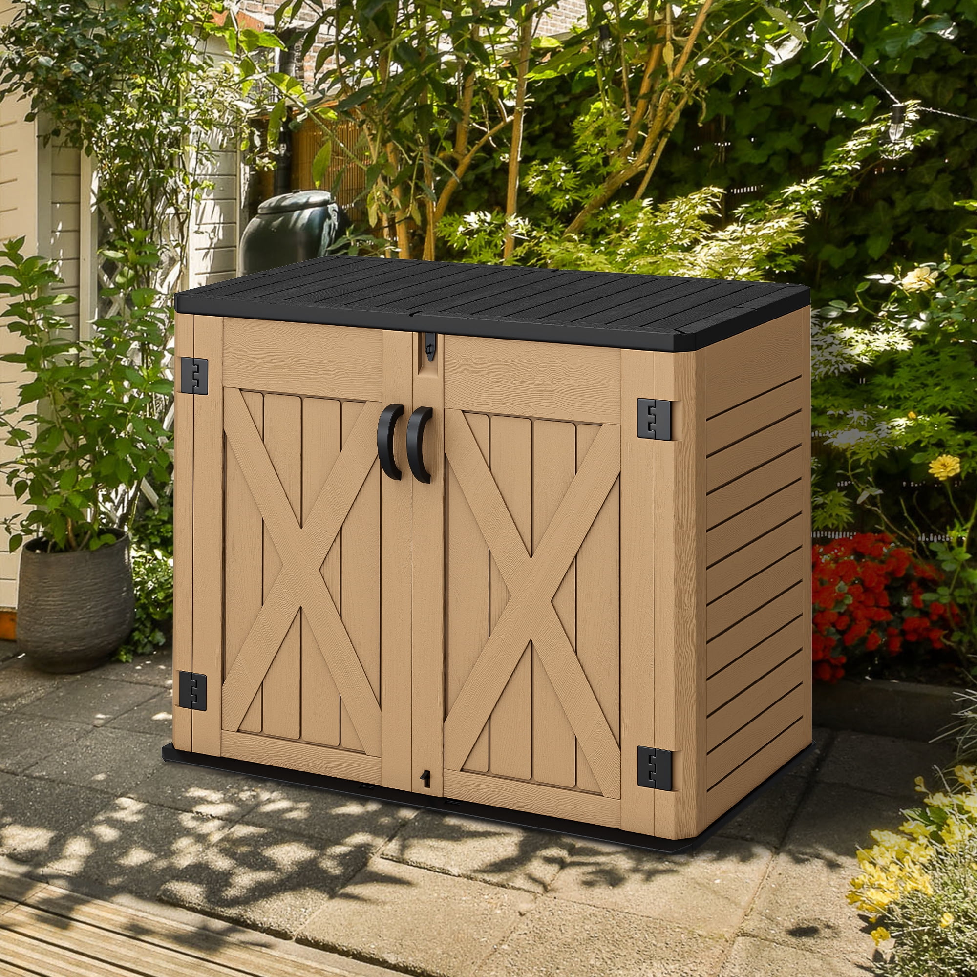 Outdoor Horizontal Storage Shed with X-Shaped Lockable Door, 35 Cu Ft Weather Resistant Resin Tool Shed