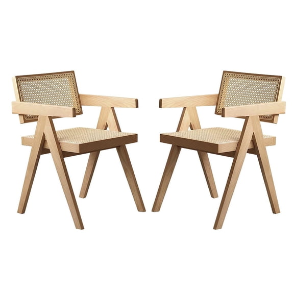 Barara King Set of 2 Modern Dining Chairs with Mid-Century Rattan Back, Padded Armchairs with Wood Frame for Living Room and Kitchen Dining, Wood Color