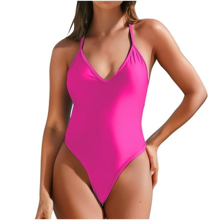 TrendVibe365 Cute Bathing Suits for Women Hot Pink One Piece Swimsuits Thong V Neck with Padded Bra Solid Swimwear Beachwear XL