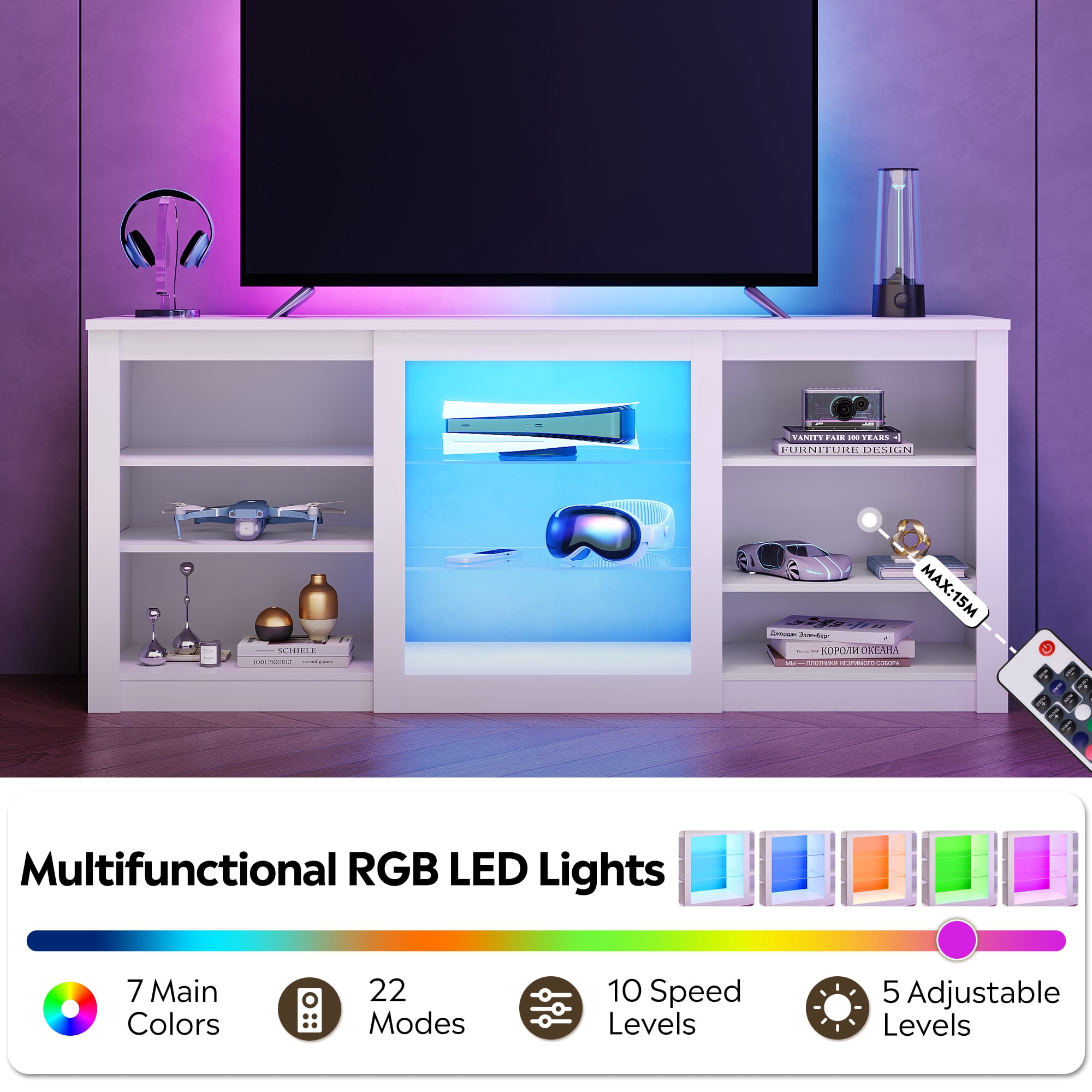 GALAXHERO Modern TV Stand for 65 Inch TV Entertainment Center with Adjustable Open Shelves & LED Lights Sturdy Media Console for Living Room, Bedroom, Gaming White