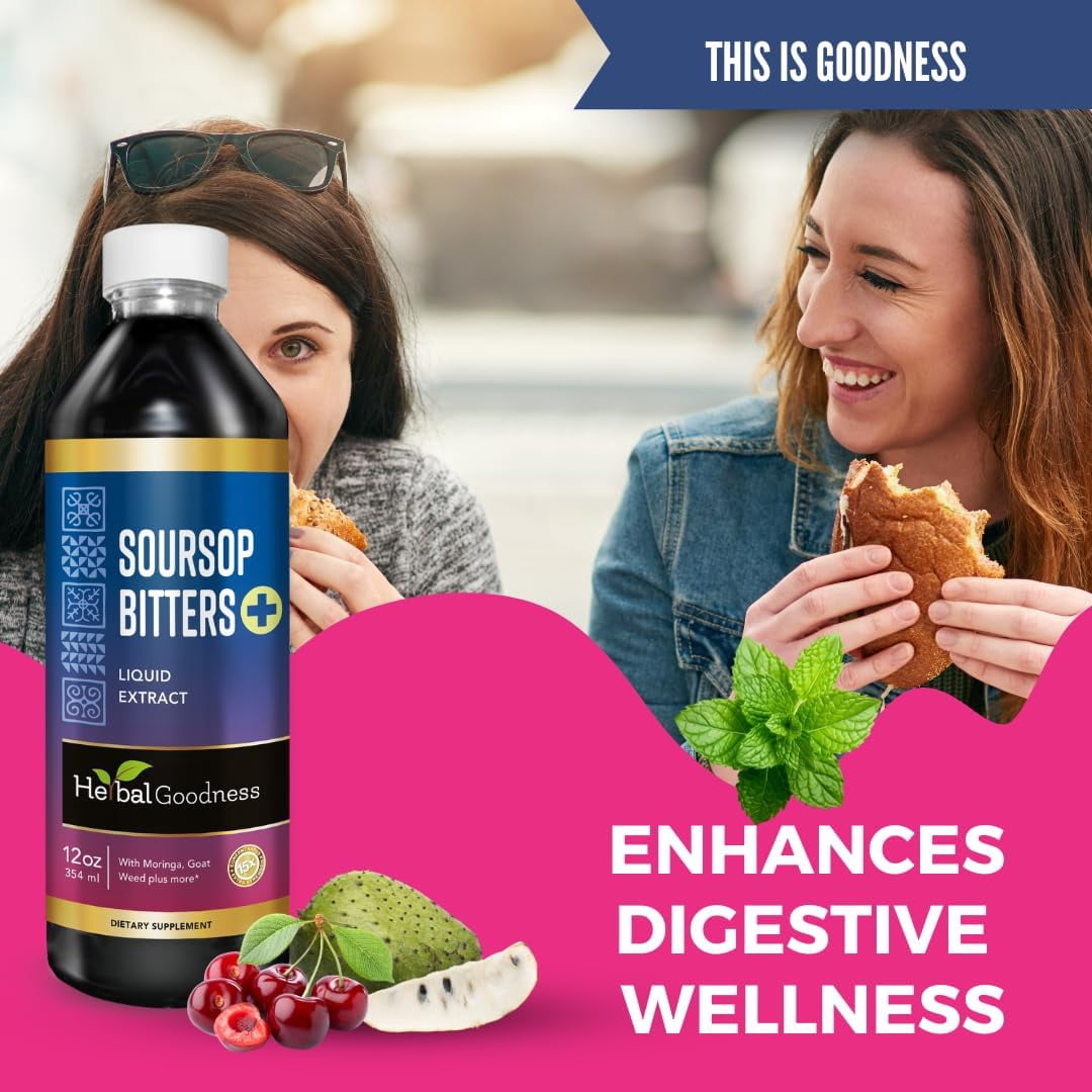 Soursop Bitters Liquid Extract 12fl.oz, Organic Guanabana Leaf Supplement, Graviola Leaf, Gut Health & Colon Cleans - Herbal Goodness