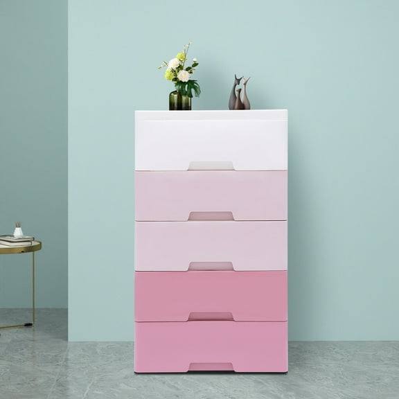 Wuzstar Tall Dresser Storage Chest Pink Plastic Drawers Dresser 5 Drawer Dresser Storage Tower Stand for Clothes, Toys, Closet