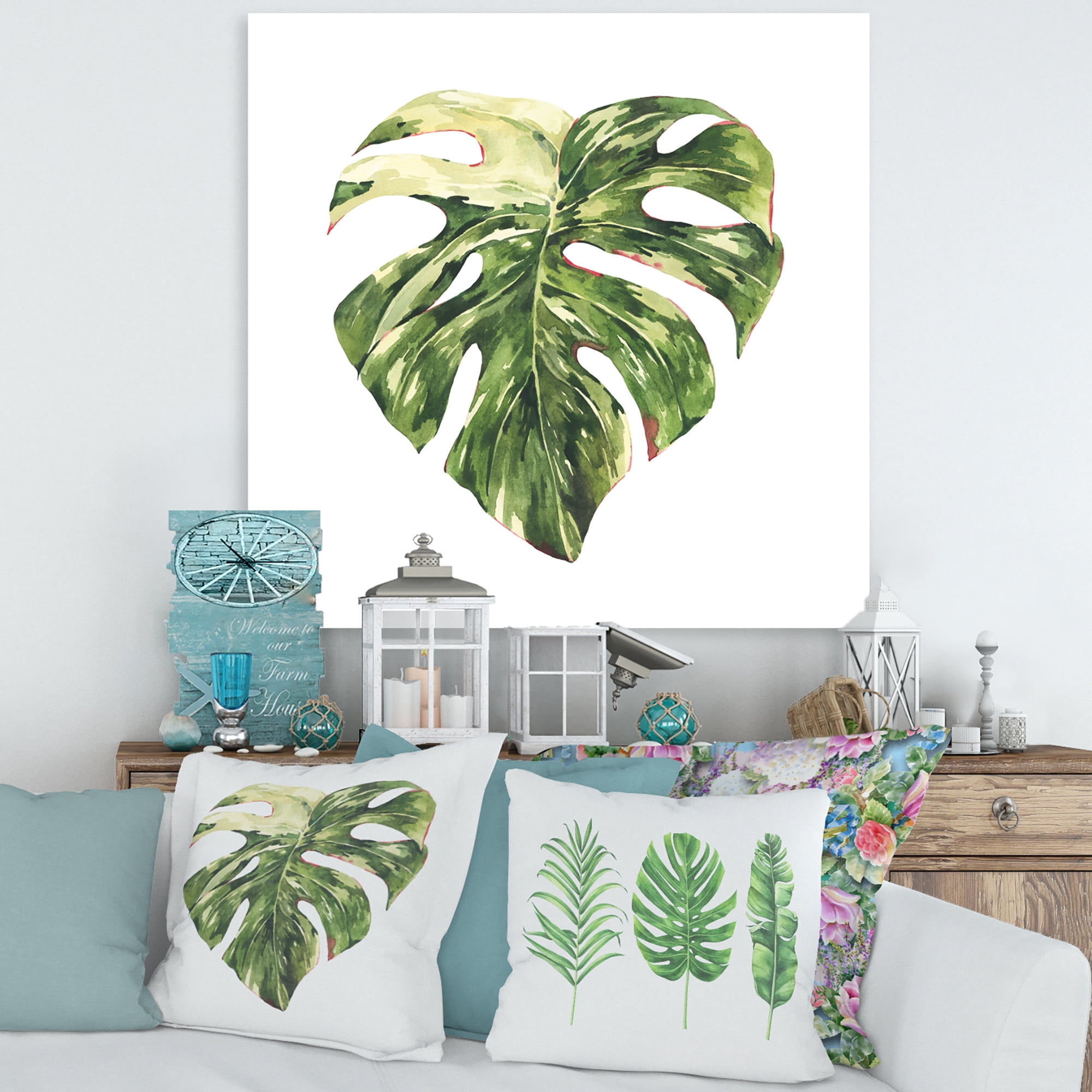 Tropical Green Leaves On White In Summer Times III 30 in x 30 in Painting Canvas Art Print, by Designart
