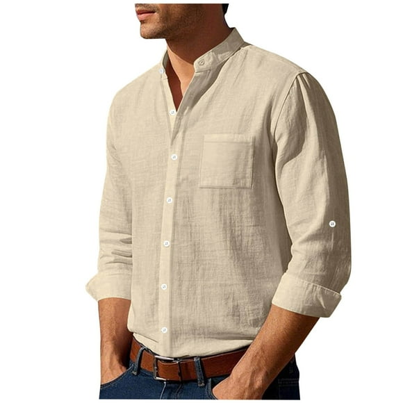 cfhntfmh Men's Linen Shirts Long Sleeve Casual Shirts Button down Shirt for Men Beach Summer Vacation Wedding Shirt