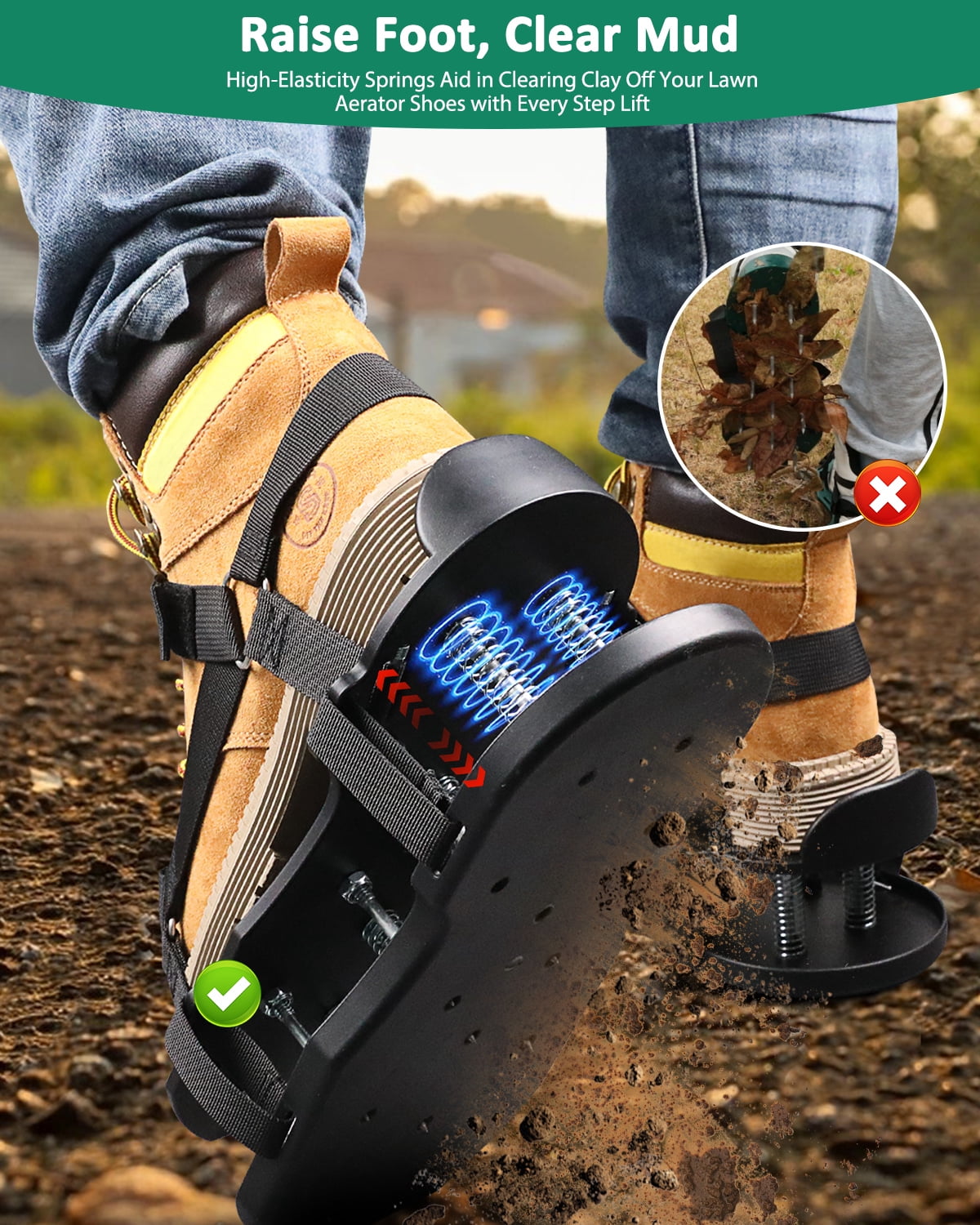 WellMall Lawn Aerator Shoes with Spring Base - Free-Installation Tool for Lawn Care - Automatic Leaf and Dirt Cleaning - Adjustable Laces - Perfect for Lawn, Yard, and Garden! (Black)