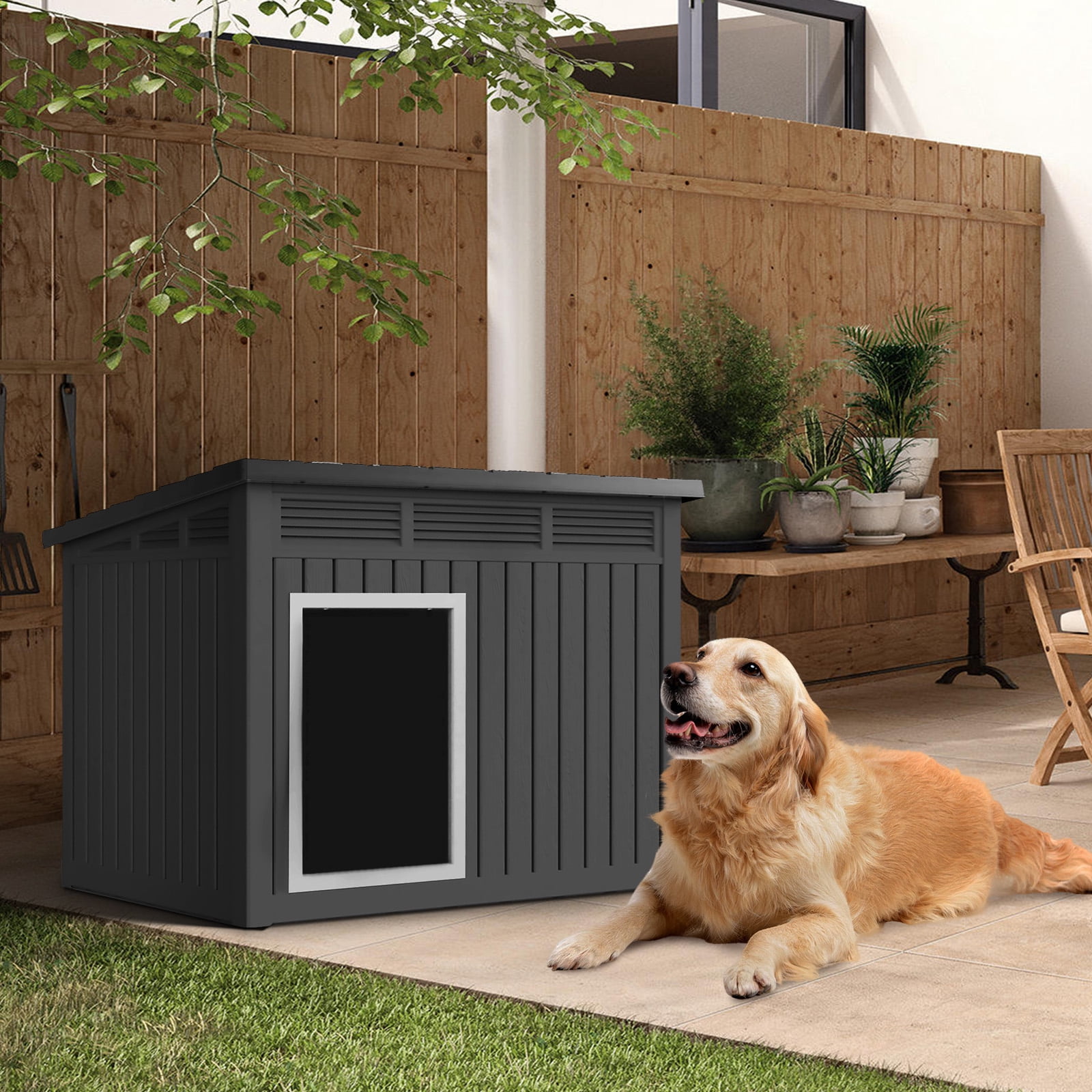 Large Dog House for Indoor and Outdoor Use Weatherproof Roof Removable Floor Spacious Kennel for Medium to Large Dogs with Ventilation and Easy Clean Top Black