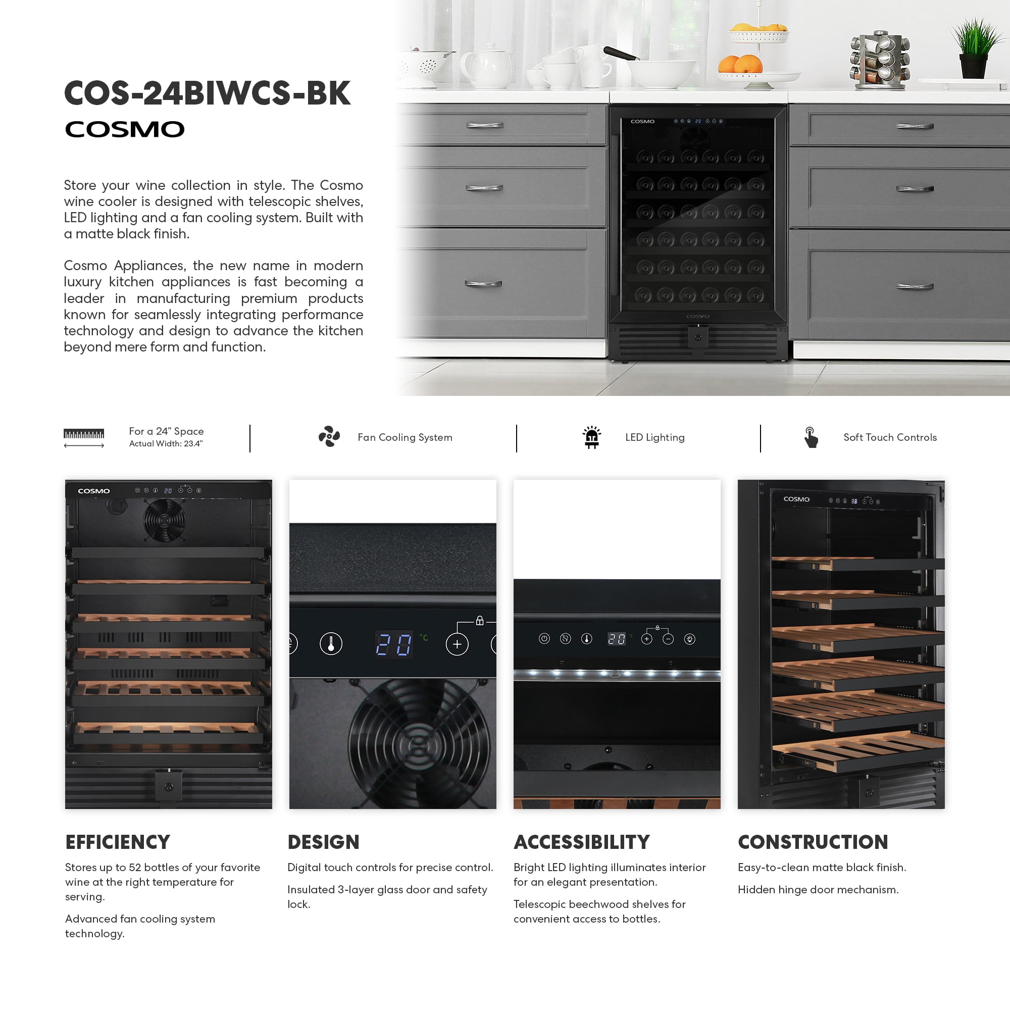 Cosmo Lumin Collection 24 in. 52-Bottle Single Zone Compressor Wine Cooler, LED Lighting, Matte Black