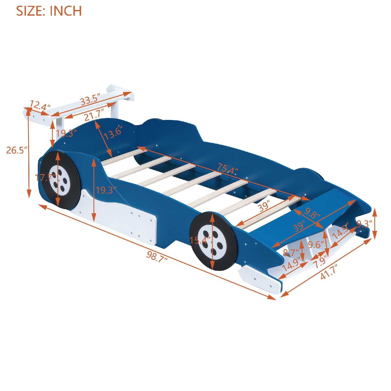 Twin Size Race Car-Shaped Platform Bed Frame with Wheels, Wooden Car Shaped Bed for Bedroom, Apartment, Easy Assembly, No Box Spring Needed, Mattress Not Included, Blue