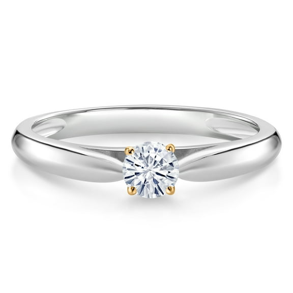 Gem Stone King 10K White and Yellow Gold Ring Solitaire Ring Set with Round Moissanite (0.16 Cttw, Size 7)