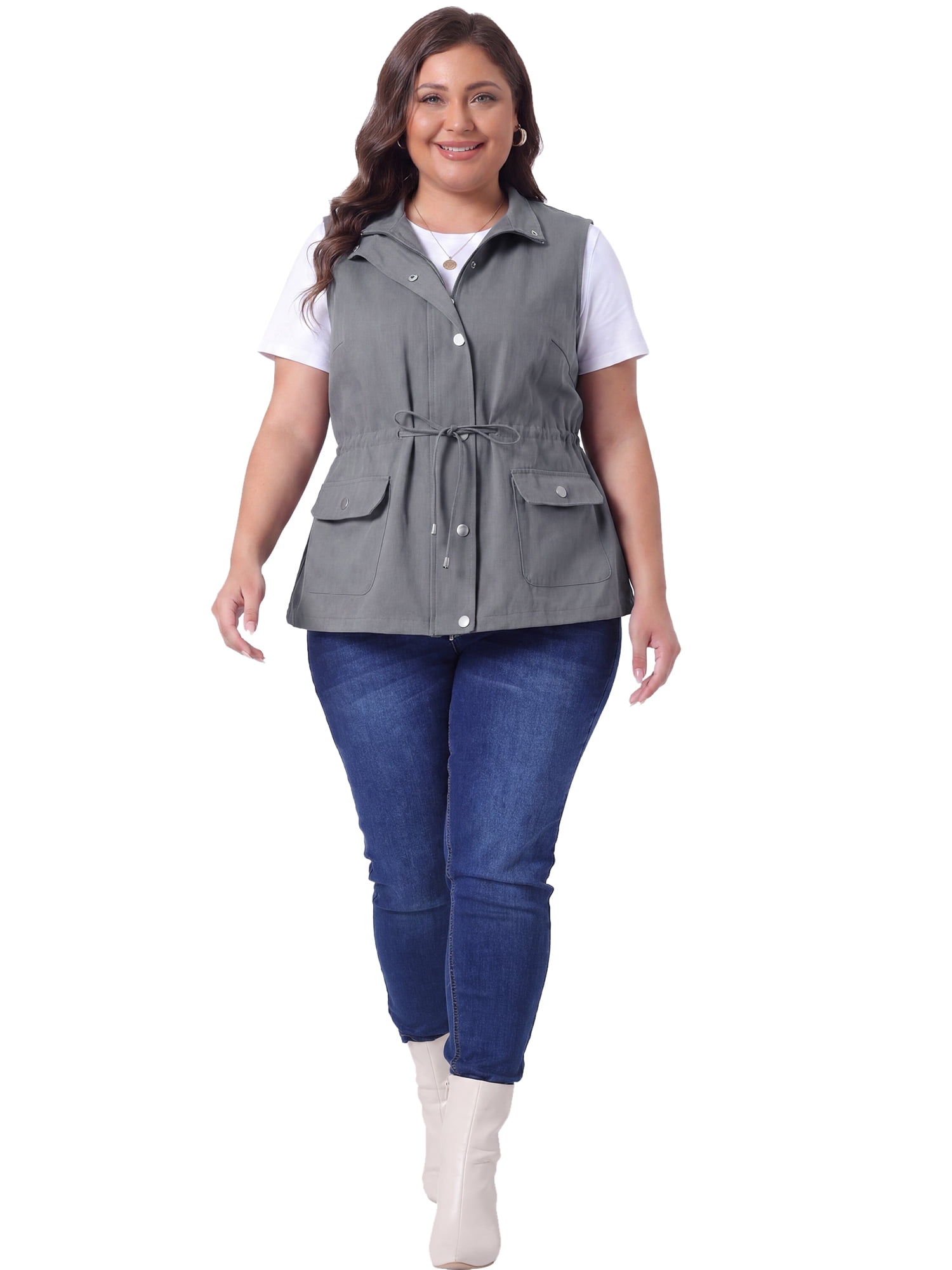 DARING DIVA Women's Plus Size Lightweight Sleeveless Anorak Cargo Vest 4X Gray Blue