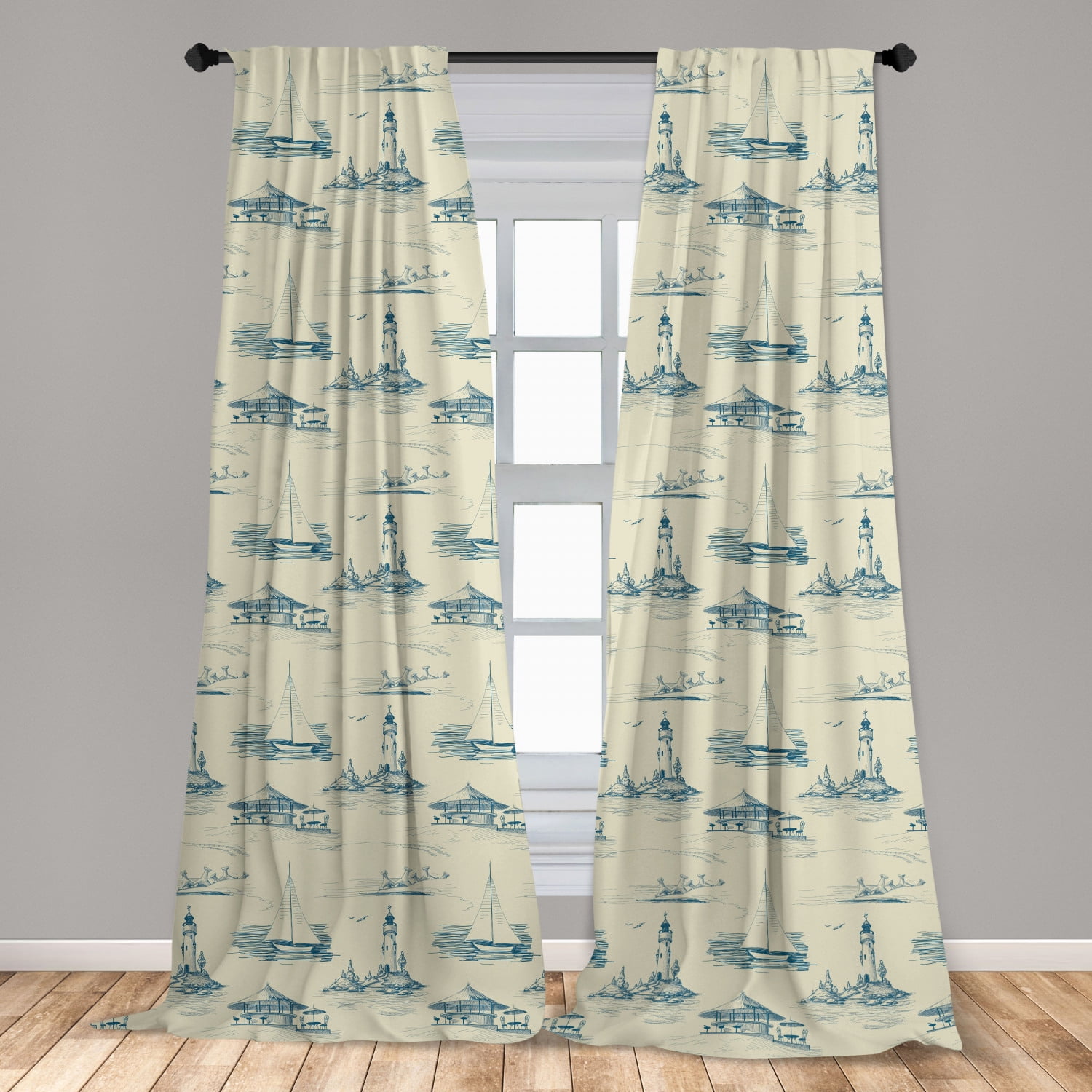 Lighthouse Curtains 2 Panels Set, Hand Drawn Beach Pattern Summertime