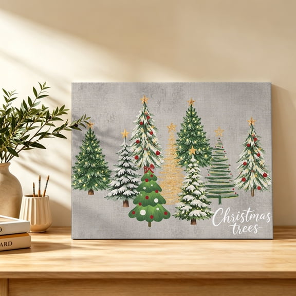 Christmas Winter Canvas Wall Art, Rustic Green Christmas Pine Tree Linen Texture Wall Art Prints Artwork Framed Canvas Ready to Hang Art Pictures for Study Living Dining Room Bedroom 20" x 16"