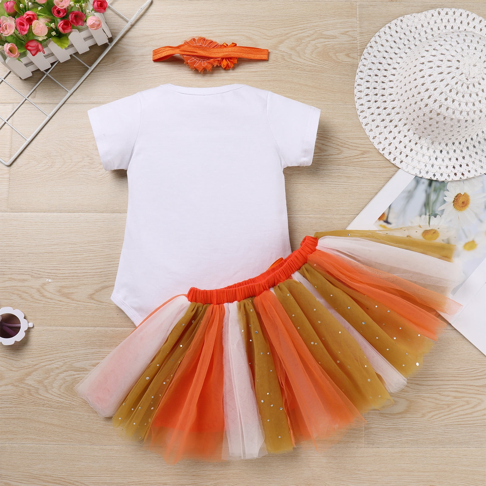 IBTOM CASTLE Toddler Baby Girls Pumpkin 1st Birthday Outfit Halloween Princess Romper + Tutu Skirt + Headband Clothes Set for Cake Smash Photo Shoot 12-18 Months Rainbow Pumpkin One