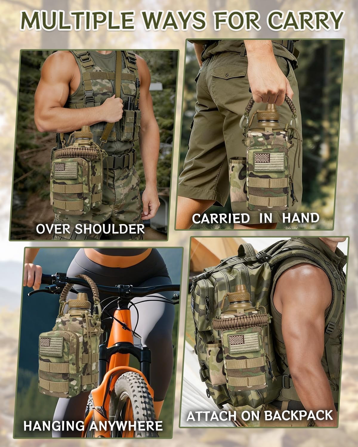 Half Gallon Water Bottle Insulated with Sleeve-64 oz Stainless Steel Water Jug with Strap Paracord Handle Metal Sport GYM Water Bottles for Men Women Hunting Hiking Travel Biking Camo CP