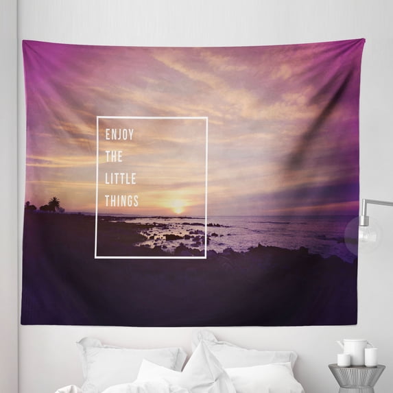 Wording Tapestry, Sunset on Beach with Tropical Landscape Hawaiian Scenic Beauty Idyllic Words, Fabric Wall Hanging Decor for Bedroom Living Room Dorm, 5 Sizes, Multicolor, by Ambesonne