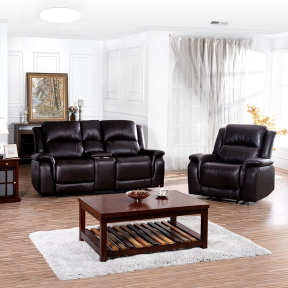 Katie Leather Recliner Loveseat & Chair Set, Manual Recliner Sofa Couch - Living Room Furniture Set, Leather Reclining Recliner Couch for Office Home, Living Room Sofa Recliners, Air Leather, Espresso