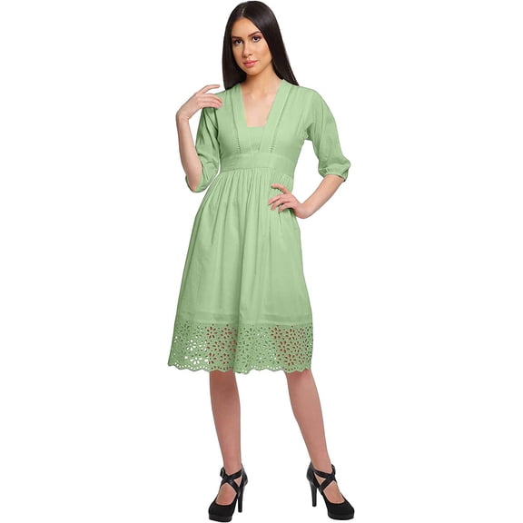 Moomaya Ladies Solid Midi Dress Evening Casual Kurta With Lace Summer Wear