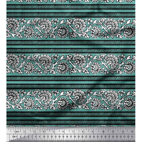 Soimoi Crepe Silk Fabric Leaves & Floral Block Print Fabric by The Yard 42 Inch Wide