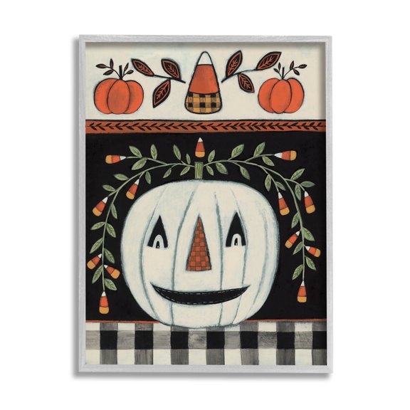 Fall Jack-o-Lantern Tartan Pattern Holiday Graphic Art Gray Framed Art Print Wall Art