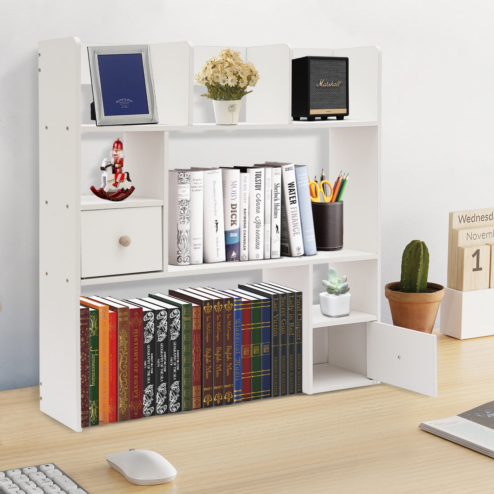 Modern Desktop Storage Organizer Home Office Desktop Bookshelf Holder Computer Rack Desk Organizer for Space Saving (White)
