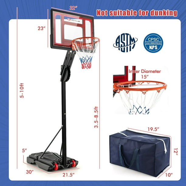 Support de panier de basket portable Goplus, rÃ©glable en hauteur de 1,5m Ã  3m, panneau incassable, 2 roues, base remplissable, sac de poids,  intÃ©rieur extÃ©rieur pour enfants 