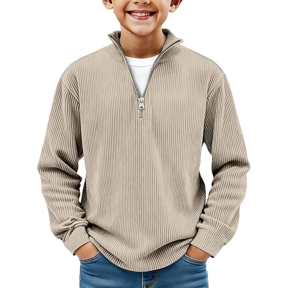 Boys Corduroy Quarter Zip Pullover Sweater Long Sleeve Collared Ribbed Casual Fall Fashion Top