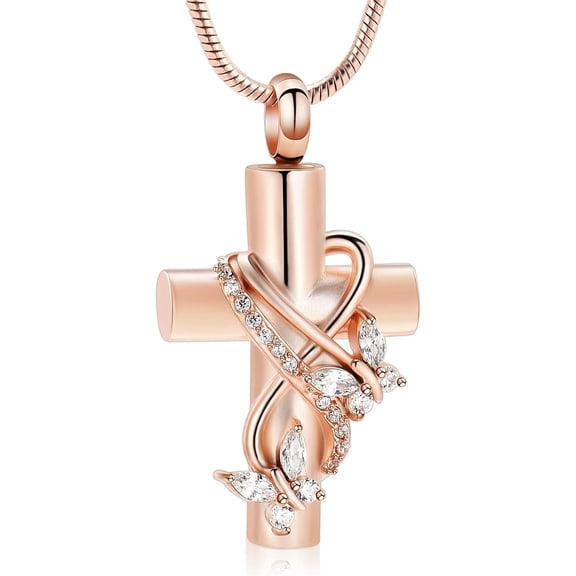 Soleilie Cross Urn Necklace for Ashes Birthstone Rose Flower Cremation Jewelry for Women Gilrs Keepsake Memorial Ashes Pendant