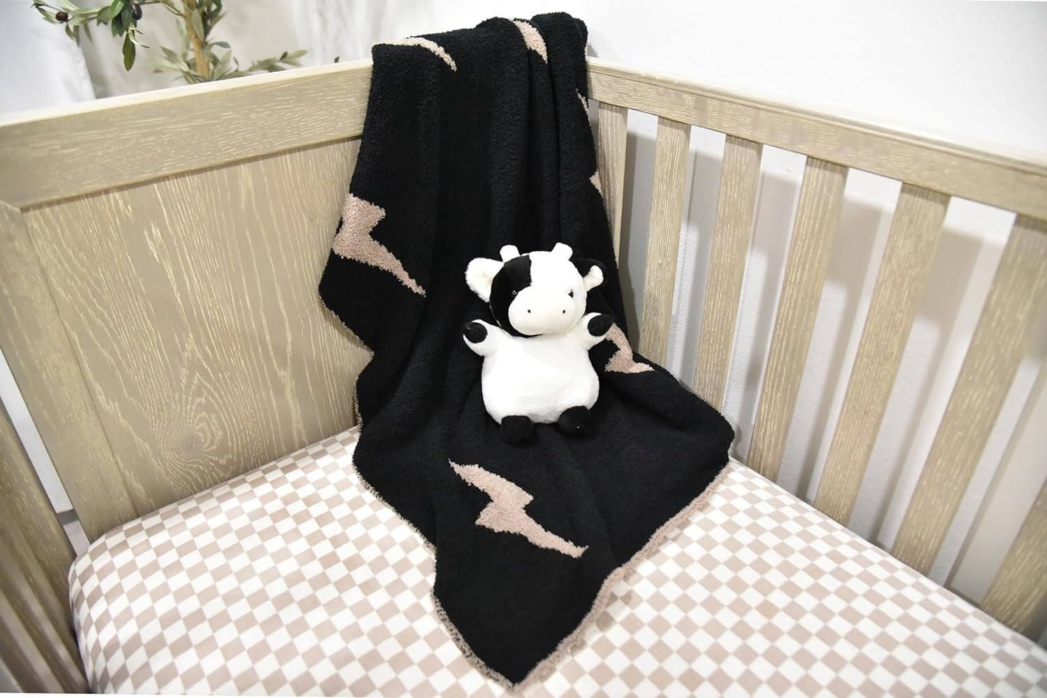 Lightning Bolt Baby Blanket 28"x40" with Leather Patch - Soft Knitted Throw - Receiving Blanket/Newborn Gift Essential for Nursery Black/Brown