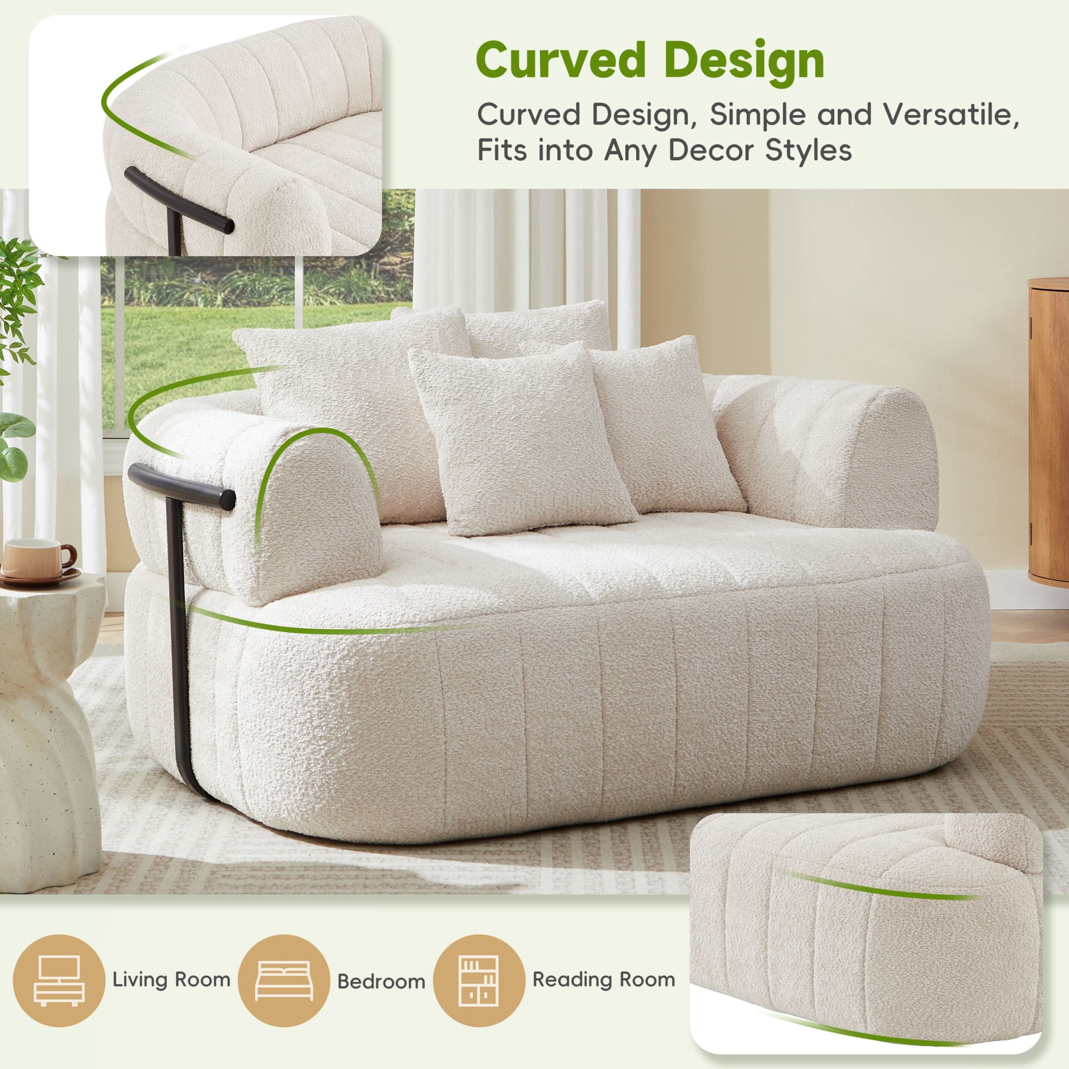 Noble House Quincia 64" Oversized Boneless Chaise Lounge with Boucle Upholstered, Cozy Comfy Cloud Sofa Bed, Beige